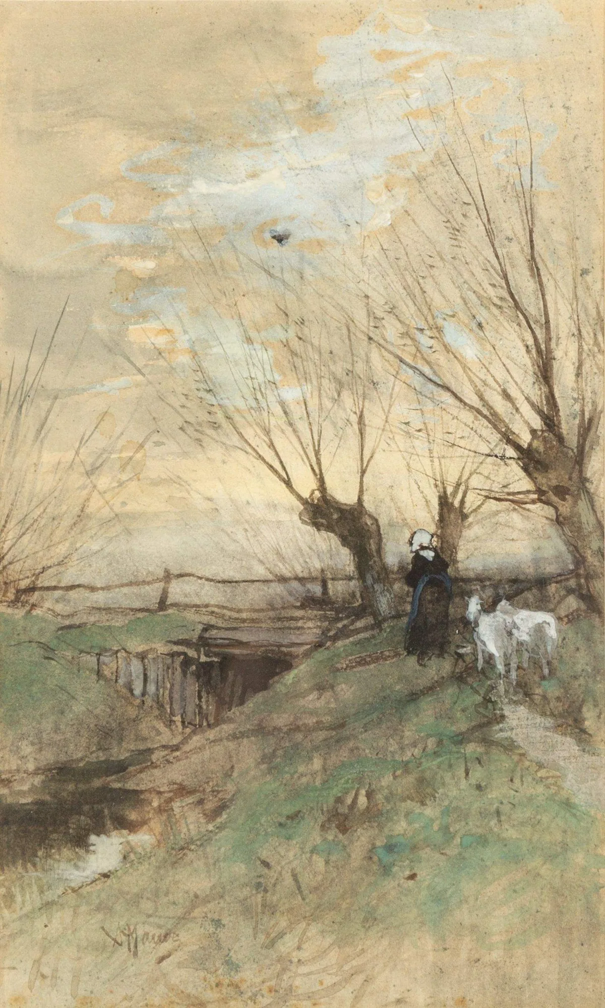 Landscape with Woman and Goats by Anton Mauve, watercolor, sold Nov 2021