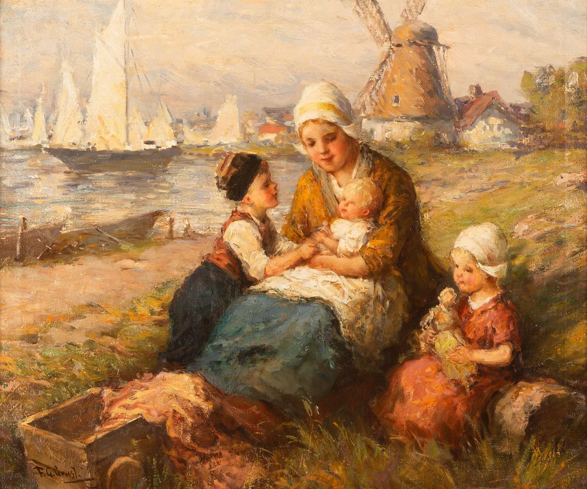 F.G. Grust (Dutch, 19/20th Century) Mother with Children, Oil on canvas