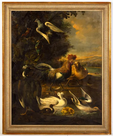 Continental Painting of Birds, Roosters and Ducks, Oil on panel