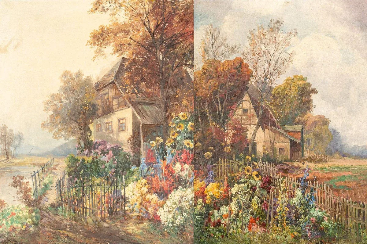 Karl Vikas, Pair of Garden Scene Paintings, oil on canvas