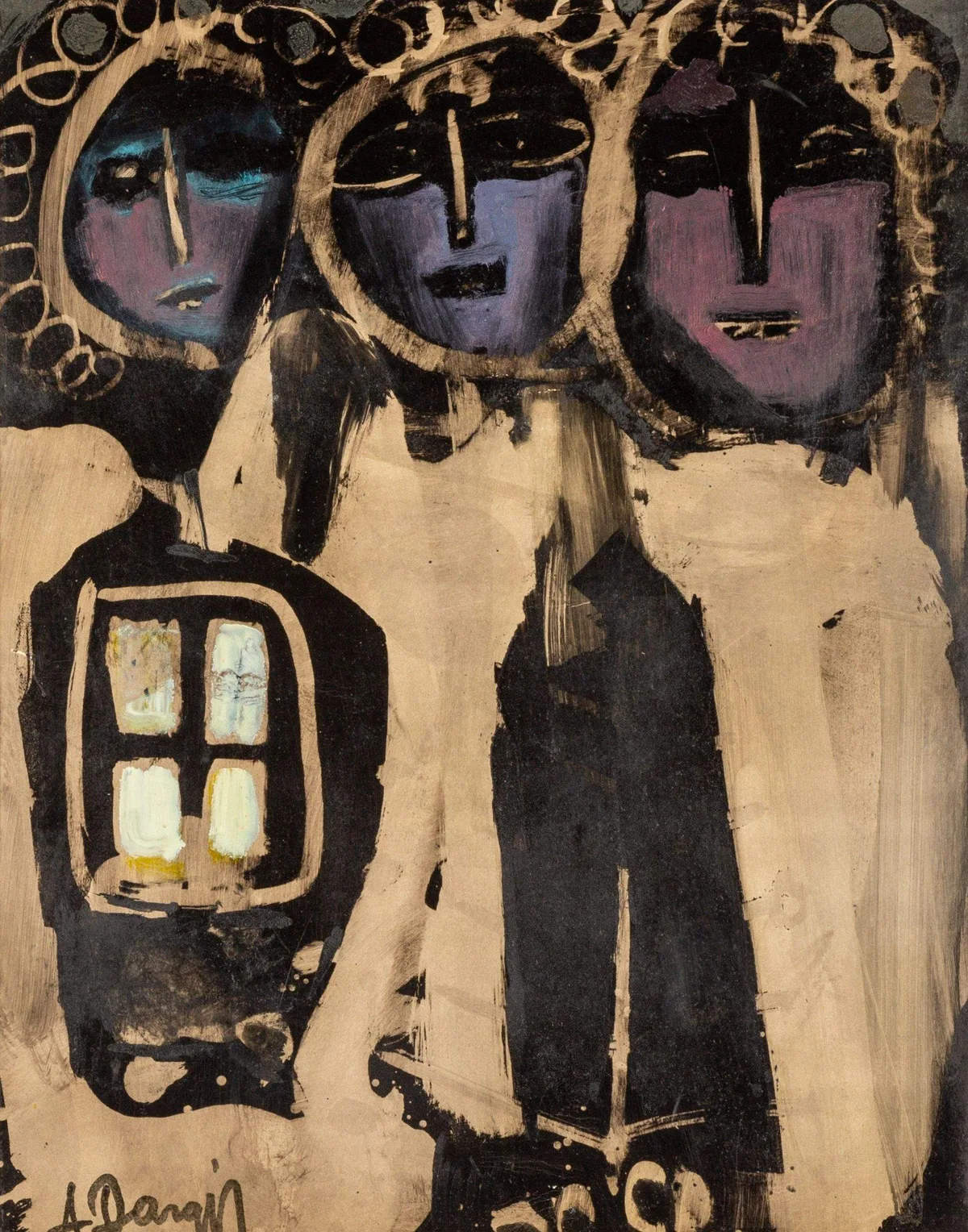Alfons Dargis, Three Figures, oil on board