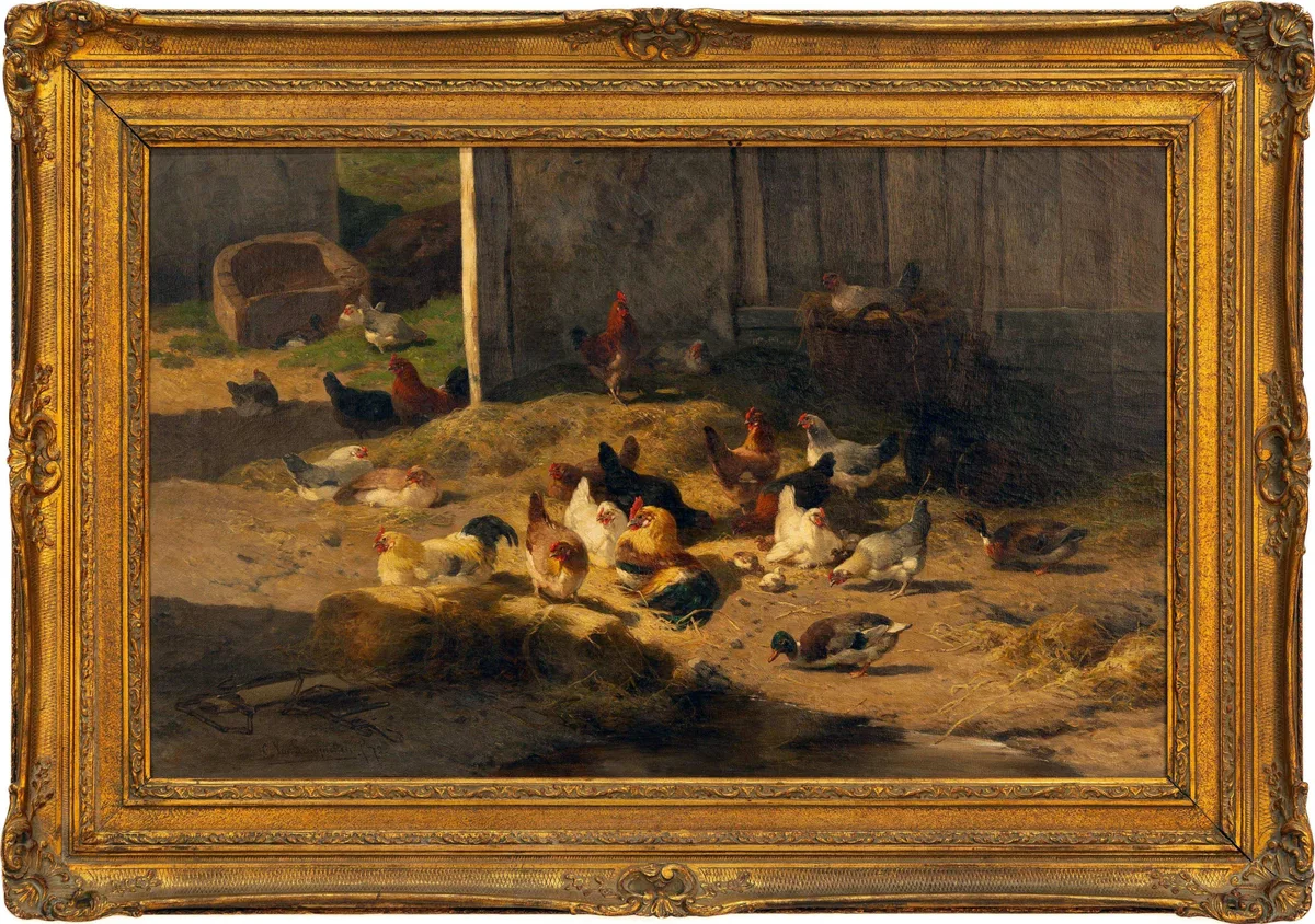 Barnyard Scene by Cornelius Van Leemputten, Oil on canvas, sold Jan 2024