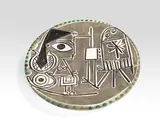 Pablo Picasso, Jacqueline at the easel, 1956, Ceramics. Whit sherd with engobe painting, part...; ceramic, Madoura edition