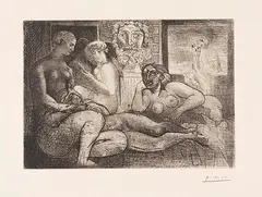 Pablo Picasso, Quatre femmes nues et tête sculptée / Femmes entre elles avec voyeur sculpté clin d´oeil au bain turc, 1934, Etching