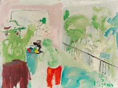 Heimrad Prem, Ohne Titel (Künstler im Atelier), 1973, Oil on canvas