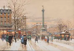 Eugène Galien-Laloue, Place de la Bastille en hiver, 1900, Pencil