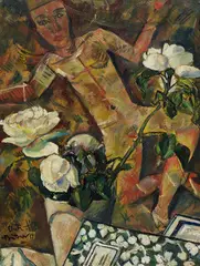Erich Büttner, Weiße Rosen, 1914, Oil on cardboard