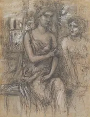 Hans von Marées, Sitzende Figuren in einer römischen Landschaft, 1870, Pencil drawing