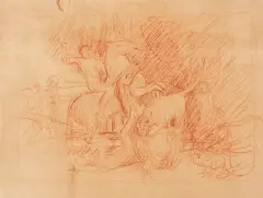 Hans von Marées, Löwenjagd (verso: Weiblicher Akt), 1880, Sanguine