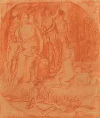 Hans von Marées, Weibliche sitzende Figur, zwei Rückenakte, mehrere Kinder und verso: Weibliche sitzende Figur, drei Kinder, liegender männlicher Akt, 1880, Sanguine