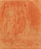 Hans von Marées, Weibliche sitzende Figur, zwei Rückenakte, mehrere Kinder und verso: Weibliche sitzende Figur, drei Kinder, liegender männlicher Akt, 1880, Sanguine