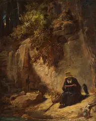 Carl Spitzweg, Lesender Einsiedler mit Raben in einer Schlucht, Um 1830-1835, Oil on cardboard, on canvas