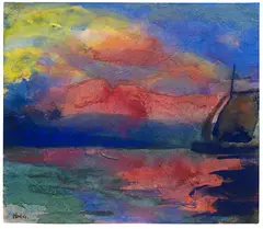 Emil Nolde, Meer mit roten Wolken und Segelschiff, 1946, Watercolor