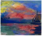 Emil Nolde, Meer mit roten Wolken und Segelschiff, 1946, Watercolor
