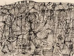 Jean Dubuffet, Paysage grotesque - Personnage tenant une faucille, Juli 1949, India ink drawing. China ink and grattage on paper