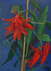 Gabriele Münter, Rote Kakteenblüte auf blauem Grund, 1926, Oil on cardboard