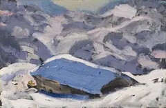 Alfons Walde, Bauernhaus im Schnee, Um 1924/25, Oil on black paper, laminated on panel