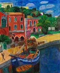Hans Purrmann, Segelschiff im Hafen von Porto d'Ischia, 1958, Oil on canvas