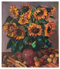 Peter August Böckstiegel, Sonnenblumen mit Äpfeln und Maiskolben, 1938, Oil on canvas