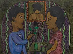 William Copley, Black Rose of Texas, 1962, Oil, lace and stamps on canvas