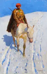 Franz Roubaud, Kaukasischer Reiter im Schnee, 1914, Oil on panel