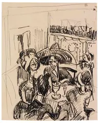 Ernst Ludwig Kirchner, Unterhaltung im Café, Um 1915, Reed pen drawing in India Ink over pencil