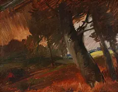 Wilhelm Busch, Baumstämme mit Rotjacke, Um 1885/1890, Oil on thin cardboard, laid on cardboard