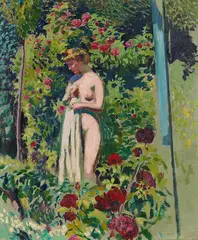 Maurice Denis, Nymphe aux fleurs (Nu à la draperie, dans le jardin), Um 1906/07, Oil on cardboard, laminated on panel
