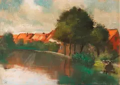 Lesser Ury, Holländisches Dorf mit waschender Frau, 1913, Pastel on cardboard