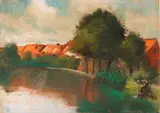 Lesser Ury, Holländisches Dorf mit waschender Frau, 1913, Pastel on cardboard