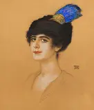 Franz von Stuck, Bildnis einer Dame mit Federschmuck, Around 1915, Pastel over pencil on cardboard