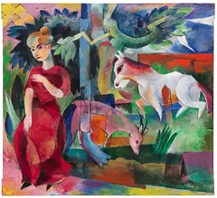 Im Garten - Frau, Pferd, Ziege (Gartenbild I) by Heinrich Campendonk, 1915, Oil on panel (door element), sold Dec 2025