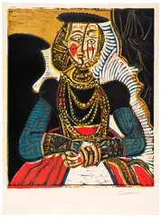 Pablo Picasso, Portrait de jeune fille, d'après Cranach le jeune. II, 1958, Linocut in colors