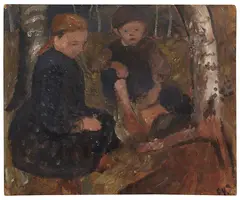 Paula Modersohn-Becker, Zwei sitzende Kinder im Wald, 1904, Oil tempera on cardboard