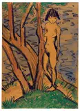 Otto Mueller, Stehendes Mädchen vor Bäumen, Um 1925, Watercolor, color chalks and charcoal