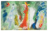 Lyonel Feininger, Figuren in Rot, Blau, Weiß und Gelb, Ca. 1955/56, Oil on burlap