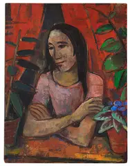 Mädchen am Fenster mit Blattpflanzen by Karl Hofer, Ca. 1920, Oil on canvas, sold Dec 2025