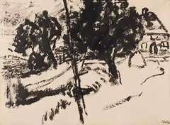 Bauernhaus hinter Bäumen by Emil Nolde, 1909, Brush and India ink drawing, sold Aug 2025
