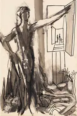 Françoise Gilot, Dame am Fensterladen, 1960, India Ink