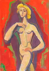 Stehender Mädchenakt vor Rot by Karl Hofer, 1954, Oil on canvas, sold Jun 2025