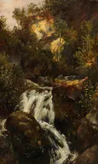 Carl Spitzweg, Felsenstudie mit Wasserfall (herabstürzender Wildbach, von Bäumen umgeben), Um 1830-1832, Oil on paper, laid on zinc sheet