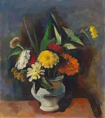 Karl Hofer, Blumenstrauß in grauer Vase (Zinnien), 1933, Oil on canvas