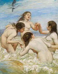 Tanz in den Wellen by Hans Thoma, 1888, Oil on cardboard, sold Jun 2025