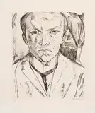 Max Beckmann, Selbstbildnis von vorn, im Hintergrund Hausgiebel, 1918, Kaltnadel auf Japan
