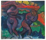 Max Pechstein, Zwei Badende Frauen / Stillleben mit Gloxinie, Früchten und Bildnis Lotte, 1910/1917, Oil on canvas, painted on both sides