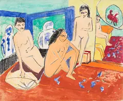 Ernst Ludwig Kirchner, Vier weibliche Akte im Atelier, Um 1910, Watercolor, opaque watercolor and color chalks....