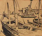 Max Pechstein, Keitelkähne (Kurenkähne im Hafen), 1909, Pen and India ink drawing