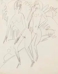 Ernst Ludwig Kirchner, Zwei Badende an der Fehmarnküste, 1913, Pencil drawing