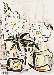 Zwei weiße Chrysanthemen by Karl Schmidt-Rottluff, 1970, Brush and India ink drawing, sold Feb 2025
