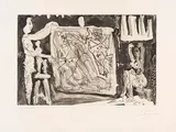 Pablo Picasso, Dans l'Atelier (Deux modèles avec une grande toile et des sculptures), 1965, Etching and aquatint
